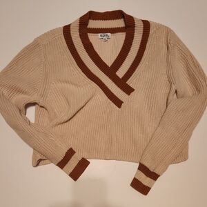 525 America Cream and Brown Cropped V-Neck Sweater